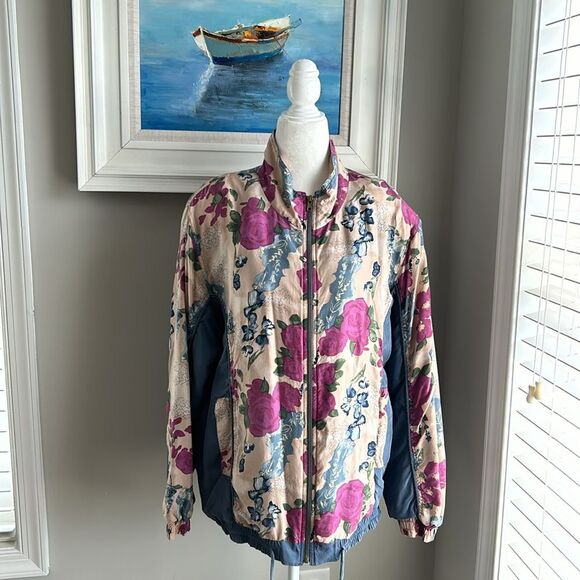 Vintage 90s Hunt Club Silk Floral Windbreaker Zipper Jacket Medium - Picture 8 of 13